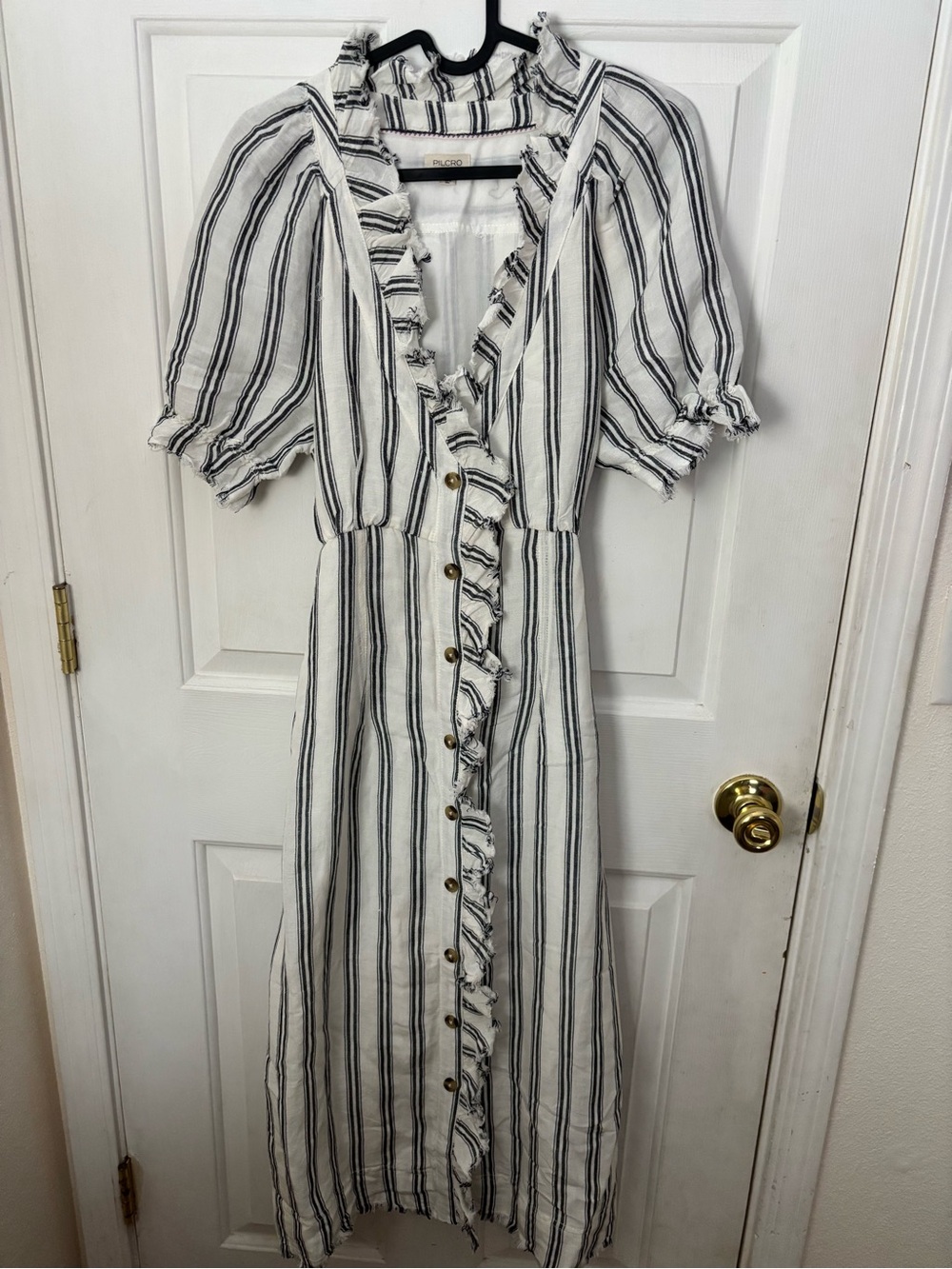 Pilcro White Midi Dress with Black Stripes and Ruffle Front